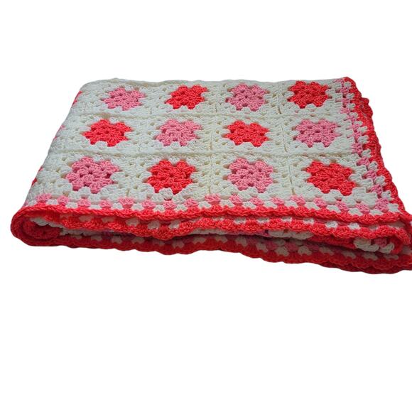 Vintage 70s boho crocheted pink white granny square afghan, 51" x 72"